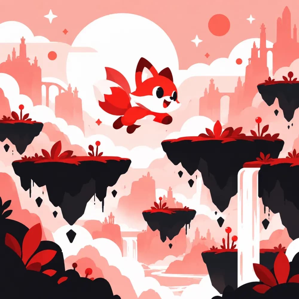 Round red fox leaping between floating dark platforms in a playful game world