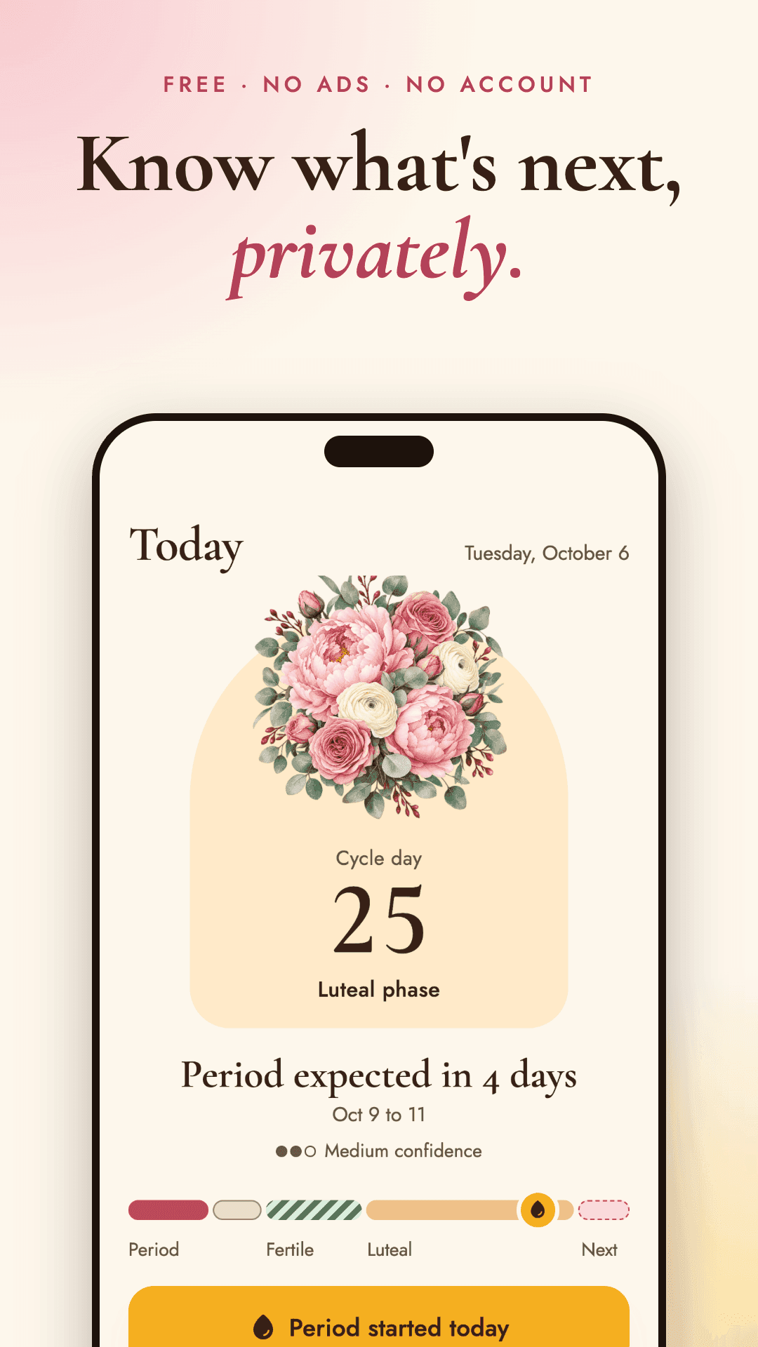 Marigold home screen showing the current cycle day and the next predicted period