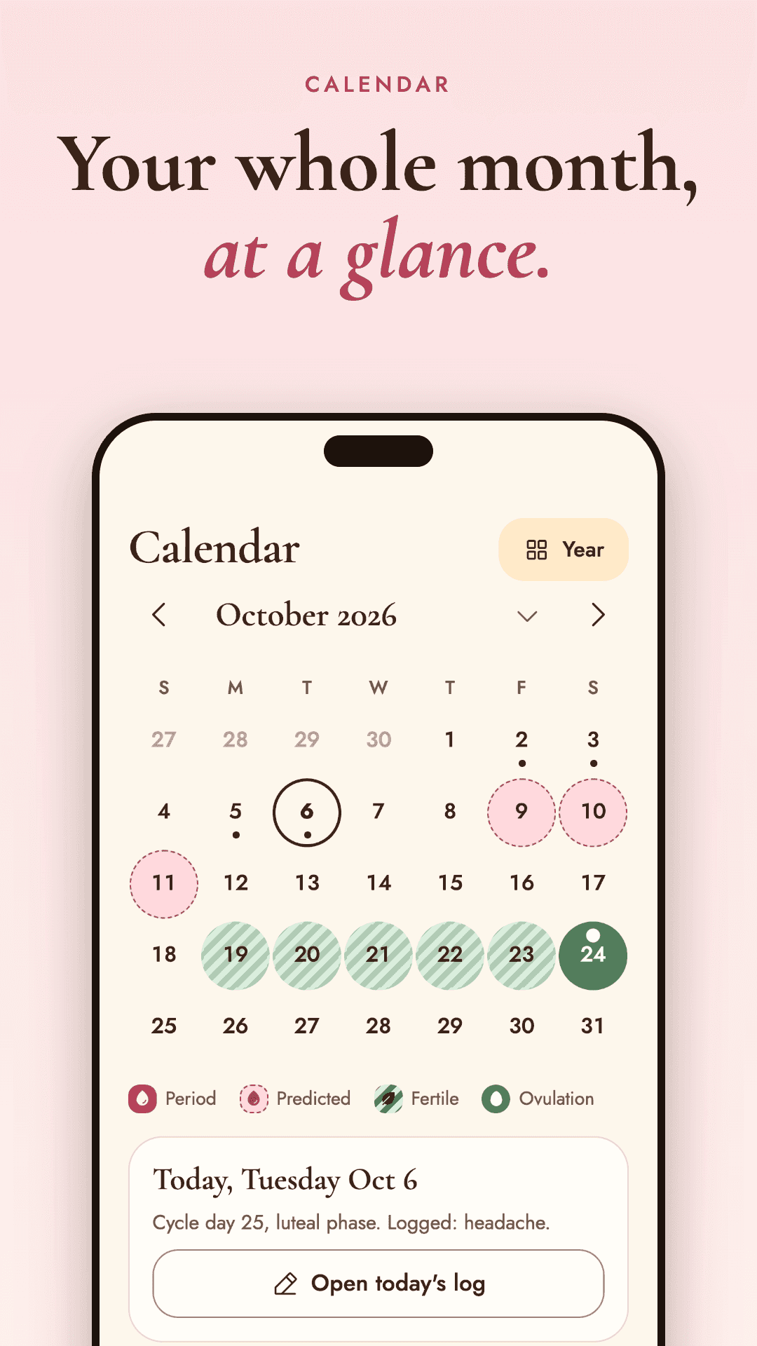 Monthly calendar with period days, the fertile window and today highlighted
