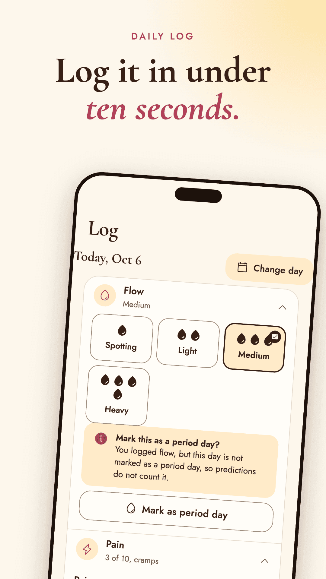 Daily log screen for flow, symptoms and mood