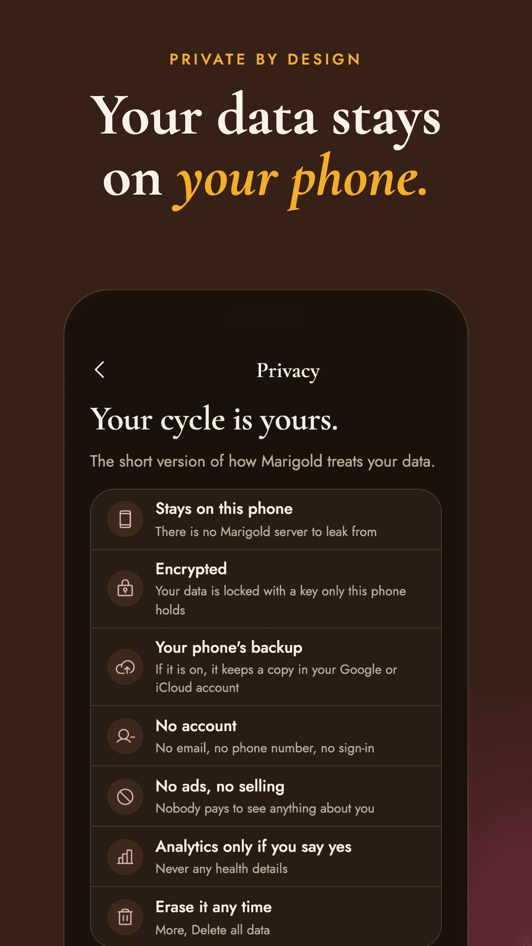 Privacy screen showing that data stays on the phone, with no account or ads