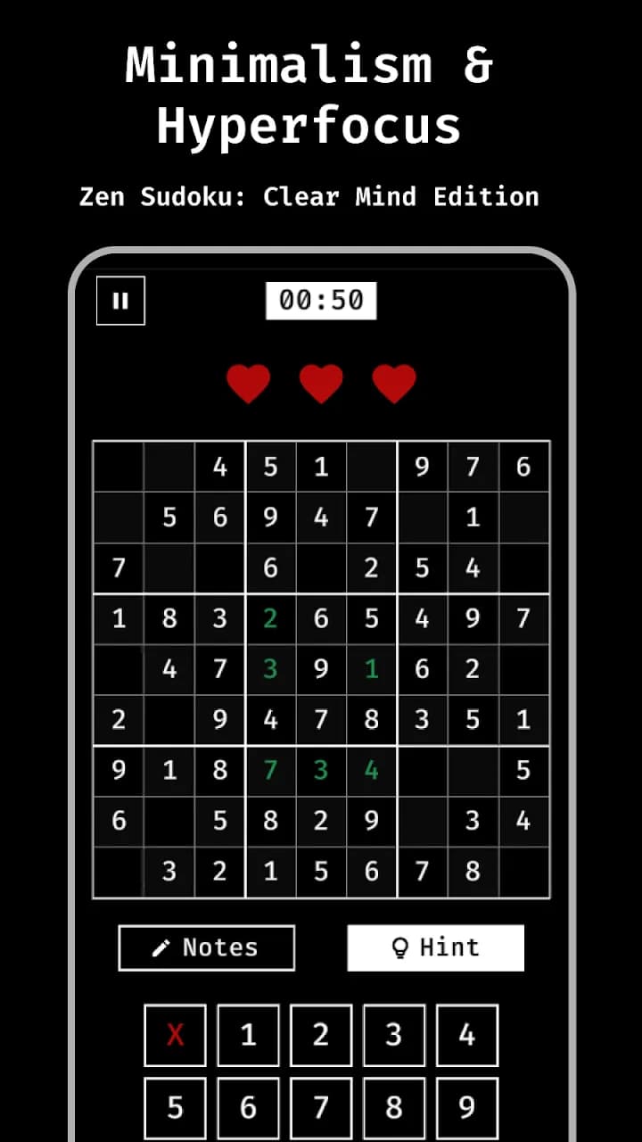 Minimal Sudoku board with a timer, three lives, notes and hint buttons and a number pad