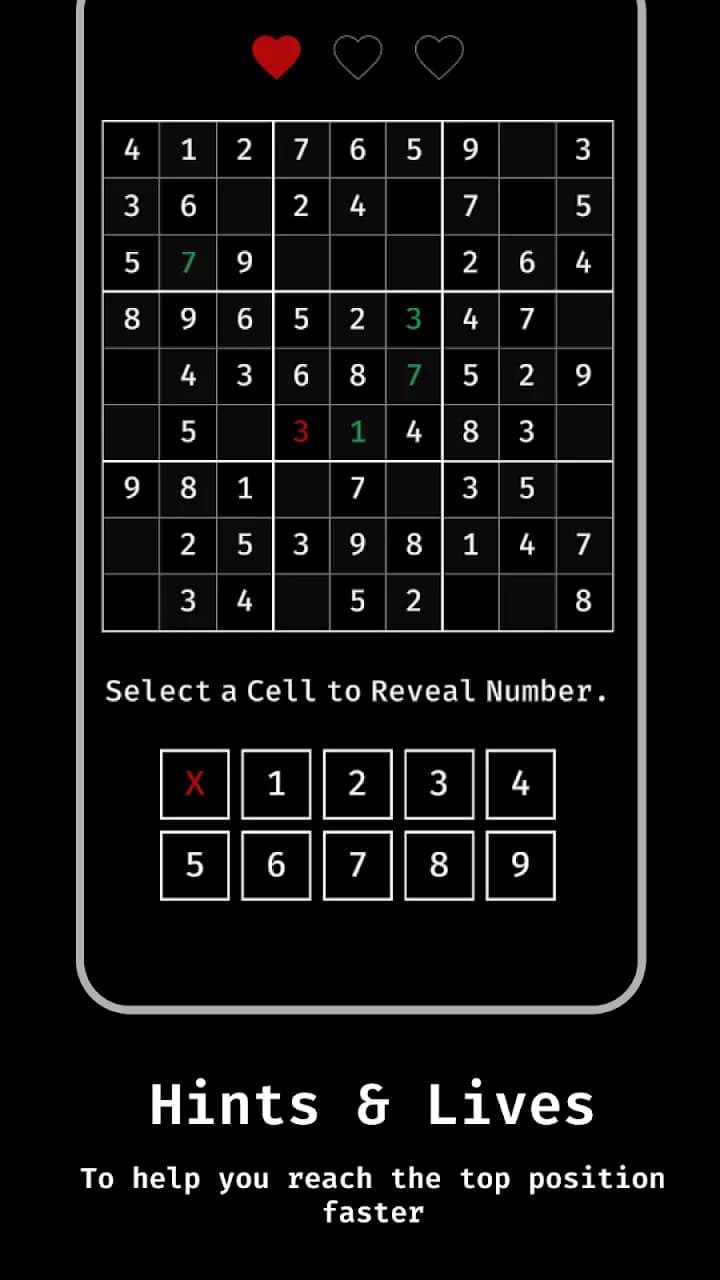 Minimal Sudoku board with one life left and a prompt to select a cell for a hint