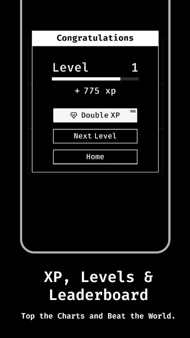 Level complete screen showing level 1, experience points and a Double XP button