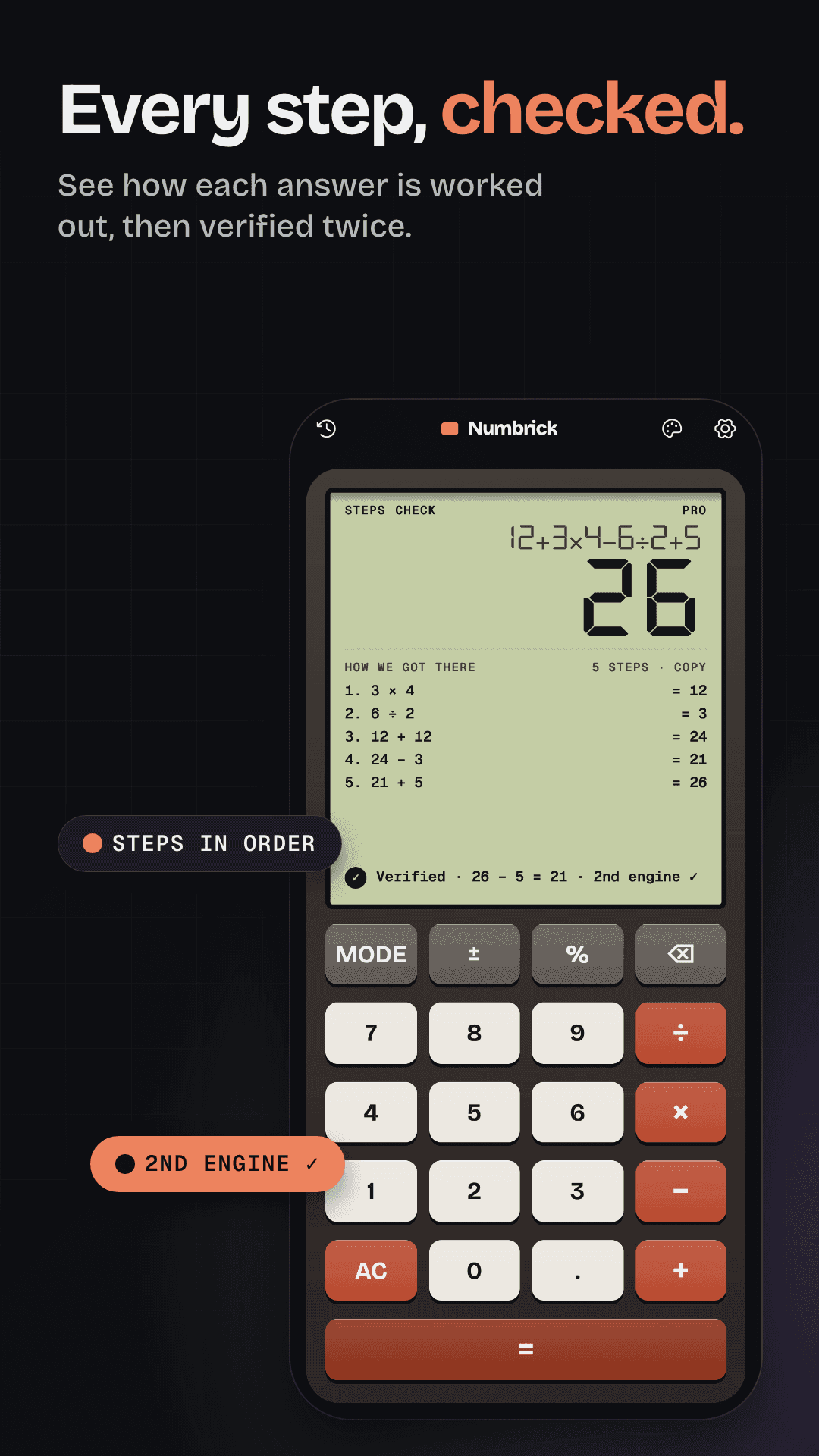 Numbrick Simple calculator showing 26 with five ordered steps and a verified check