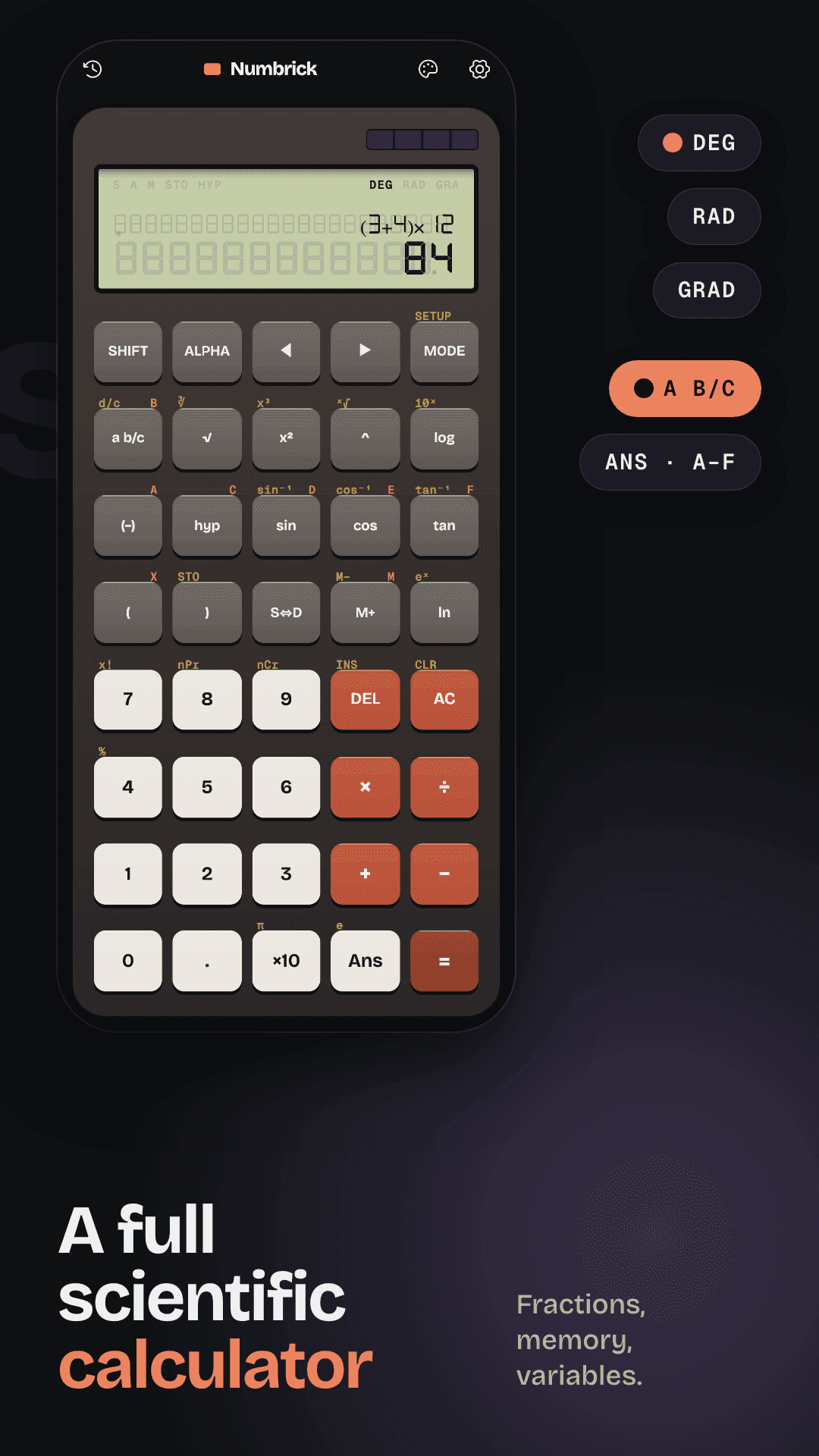 Numbrick Advanced scientific calculator with SHIFT, ALPHA, trig and log keys and a two-line LCD