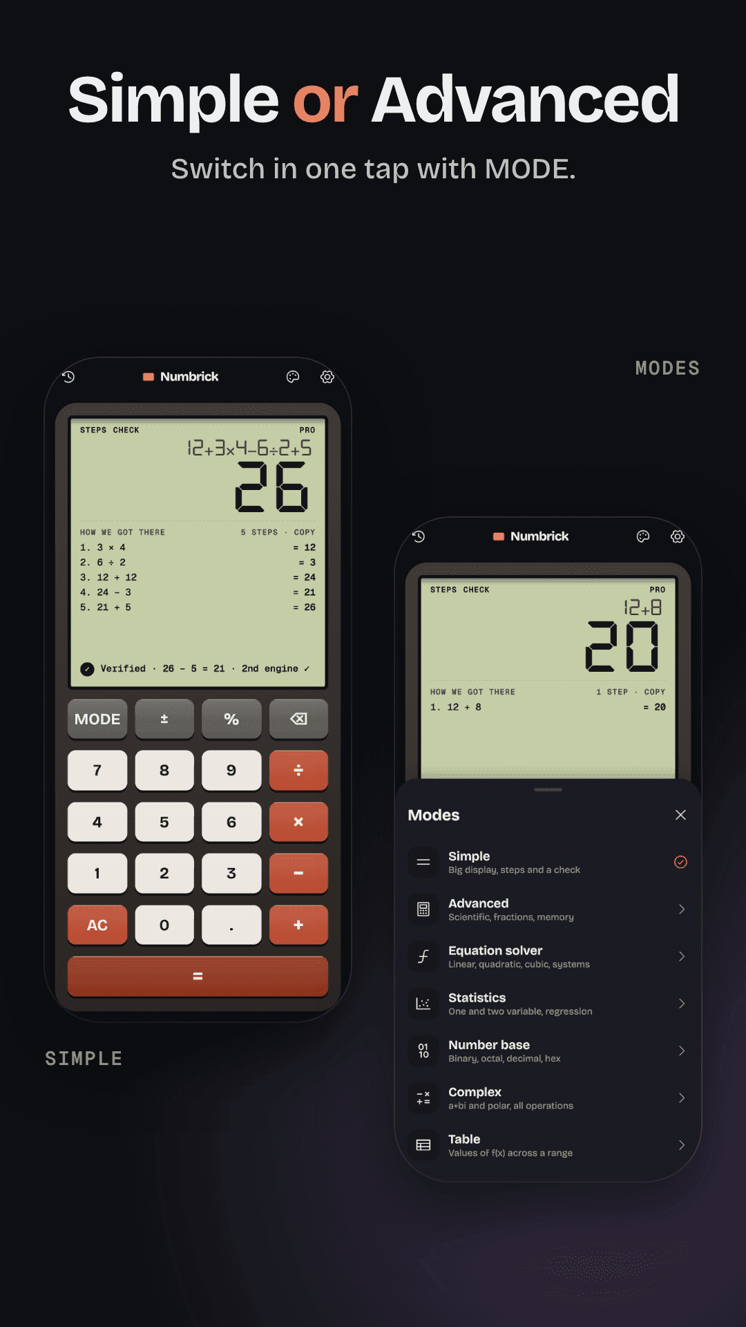 Numbrick Simple calculator beside the Modes menu listing Advanced, solver, statistics and more