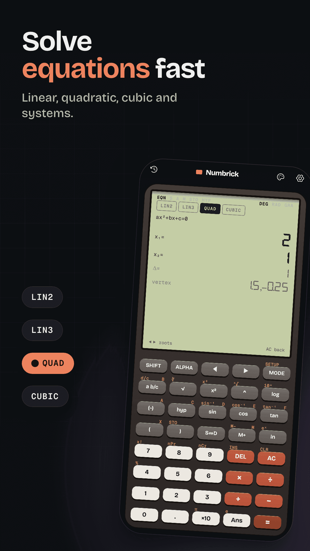 Numbrick equation solver in QUAD mode showing the roots of a quadratic