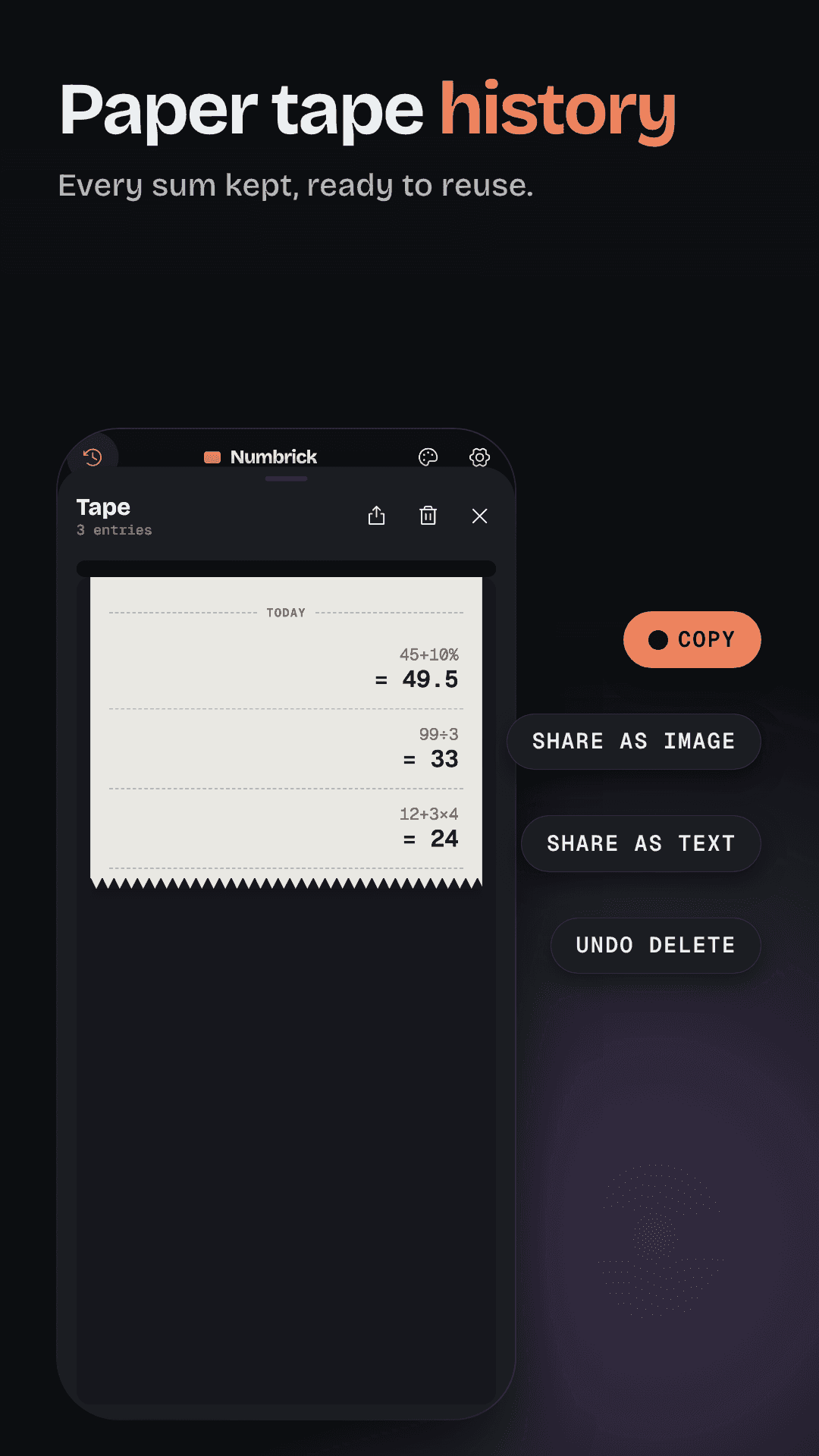 Numbrick paper tape with three calculations and copy and share options