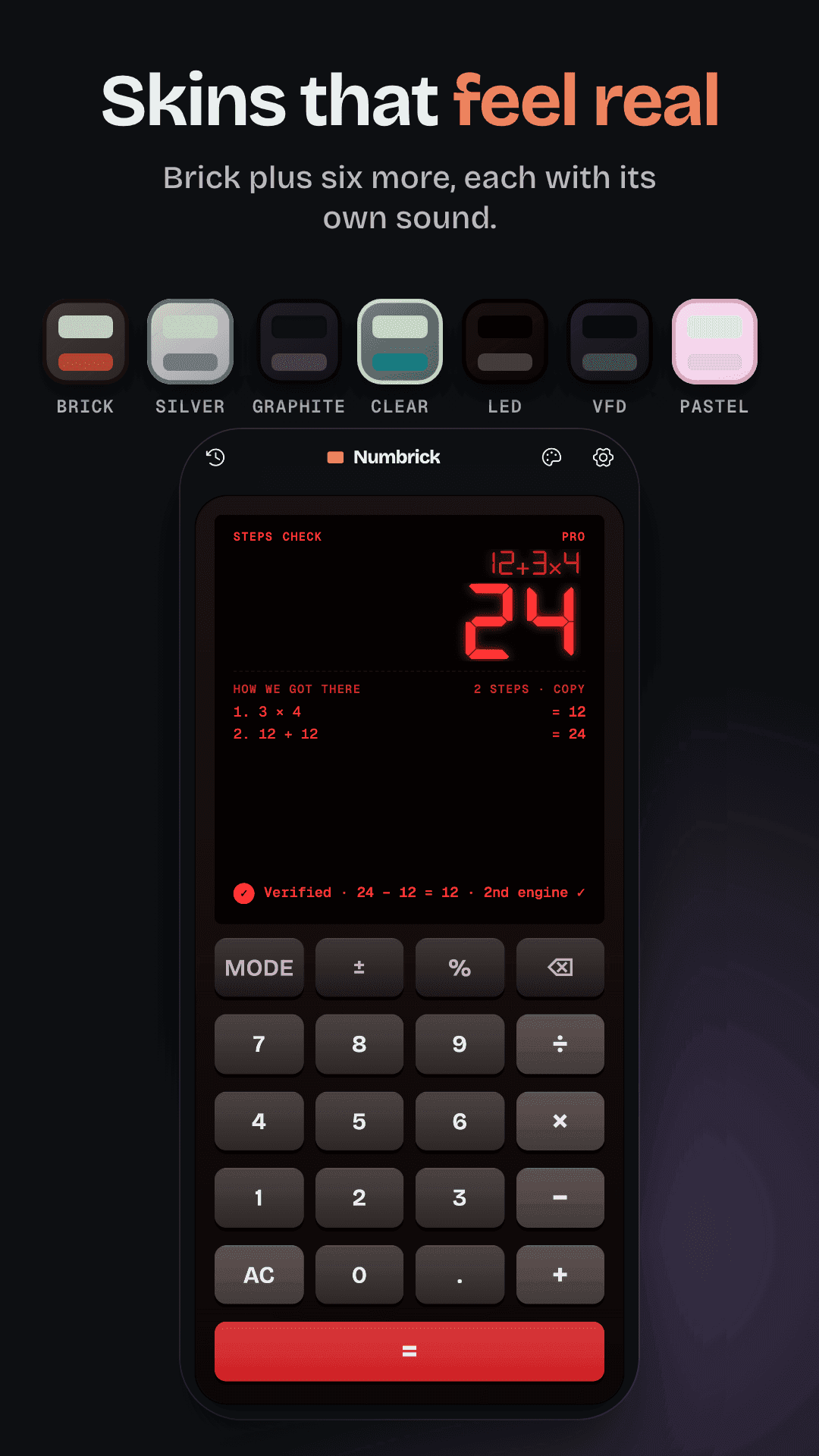 Numbrick with the red LED skin and a row of seven calculator skins