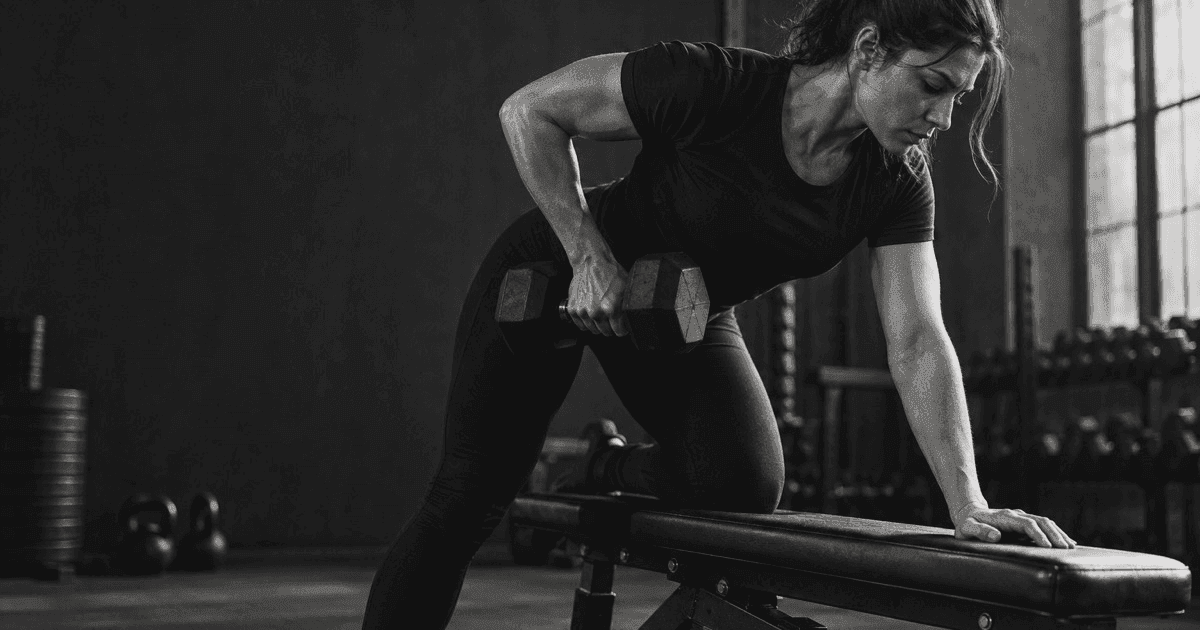 A woman doing a one-arm dumbbell row with her knee and hand braced on a flat bench in a dim gym