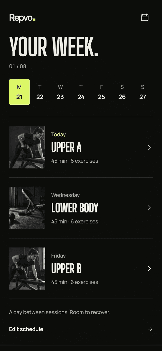 Repvo Plan screen showing a training week with three sessions and rest days