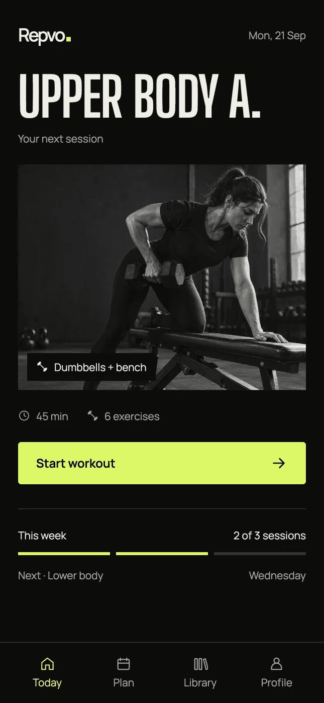 Repvo Today screen showing the next session, Upper body A, with a Start workout button