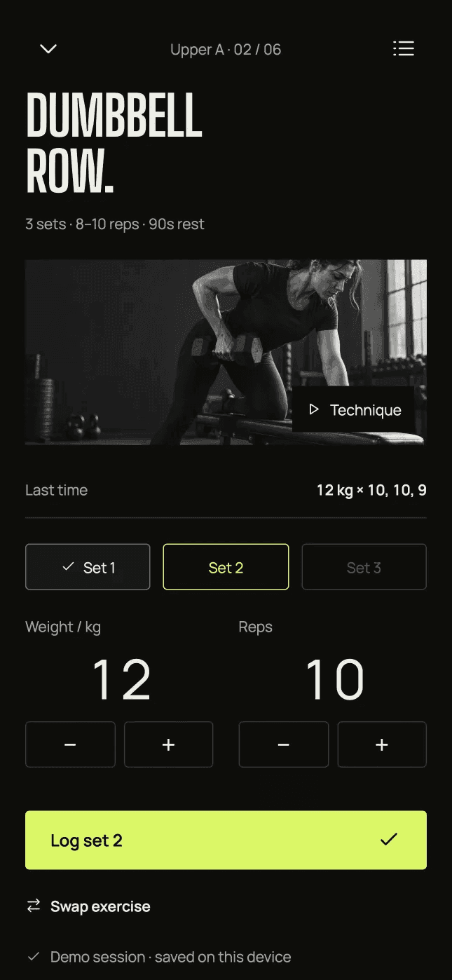 Repvo workout screen logging a set of dumbbell rows with last time's numbers shown
